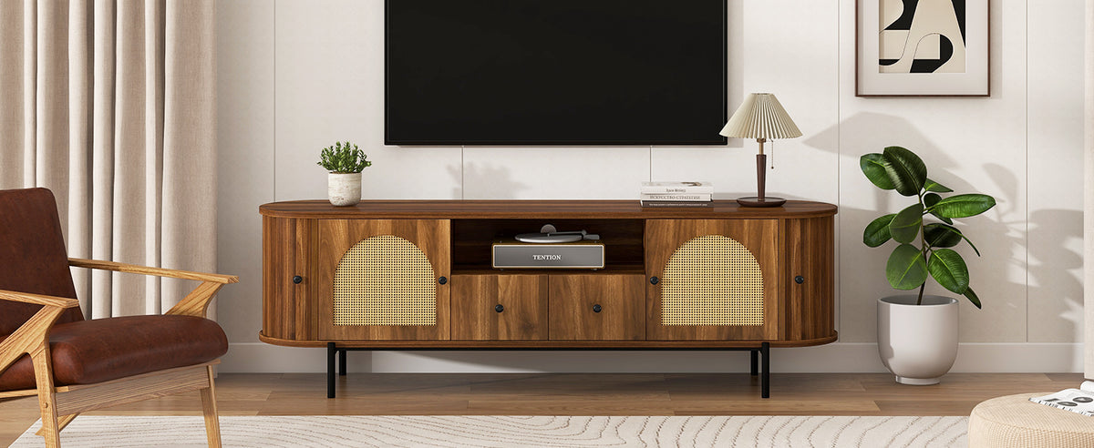 U-Can American Style TV Stand with Rattan Arched Doors, Drawers, Hidden Storage, Steel Legs, Rounded Corners