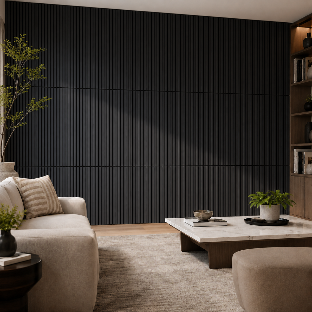 Wood Panels for Wall Slat Wall Panels, 4PC Wood Slat Acoustic Panels for Wall and Ceiling - 3D Fluted Sound Absorbing Panel with Three Sides Fully Wrapped on  Wood Finish -45.27''X23.62''(black)
