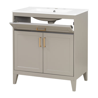 [Video] 30" Bathroom Vanity with Ceramic Sink Top, Solid Wood Legs, Soft-Close Double Doors & Tip-Out Drawer, Adjustable Interior Shelf, Door-mounted Organizers, Beige