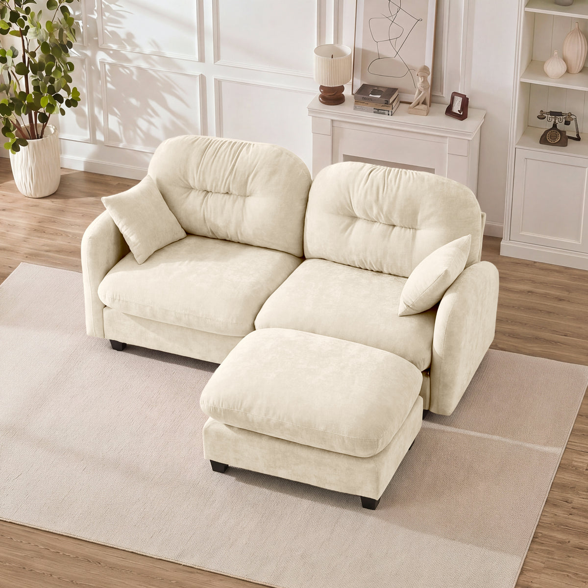 Cloud Sectional L-Shaped Couch With Ottoman, Soft Chenille Fabric, Quilted Pleated Design High-Density Foam