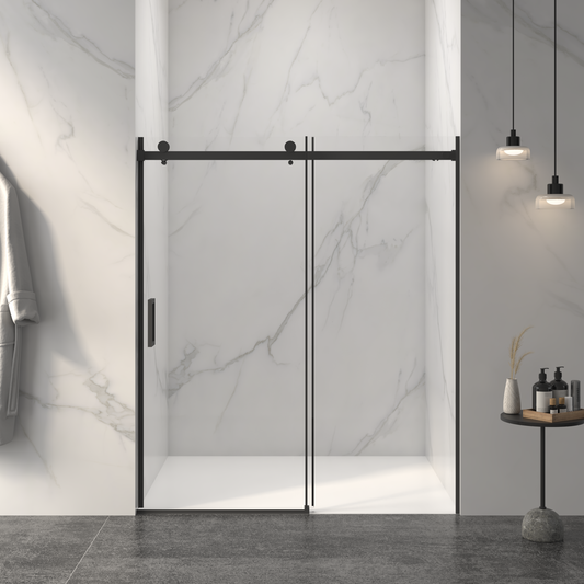 56-60'W x 72'H Frameless Sliding Shower Door,5/16' (8mm) Thick SGCC Tempered Clear Glass,Double Side Easy Clean Coat, Matte Black Finished With Buffer