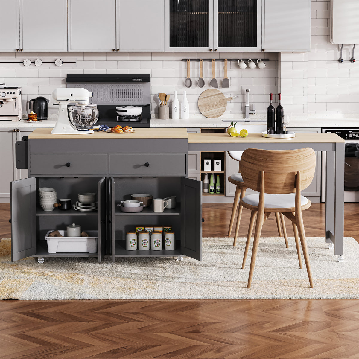 K&K 74.5 inch Kitchen Island with Extendable Dining Table, Rolling Kitchen Island on Wheels with Spice Rack and 2 Drawers, 4 Door Cabinet