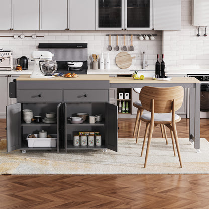 K&K 74.5 inch Kitchen Island with Extendable Dining Table, Rolling Kitchen Island on Wheels with Spice Rack and 2 Drawers, 4 Door Cabinet