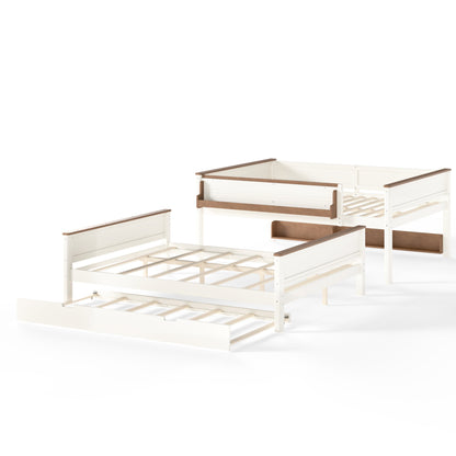 Queen over Queen Wood Bunk Bed with Pull-out Trundle Bed, Side Storage Shelf, Detachable Bunk Bed Frame, Convertible Into 2 Separate Beds for Kids Teens Adults, Beige&Natural