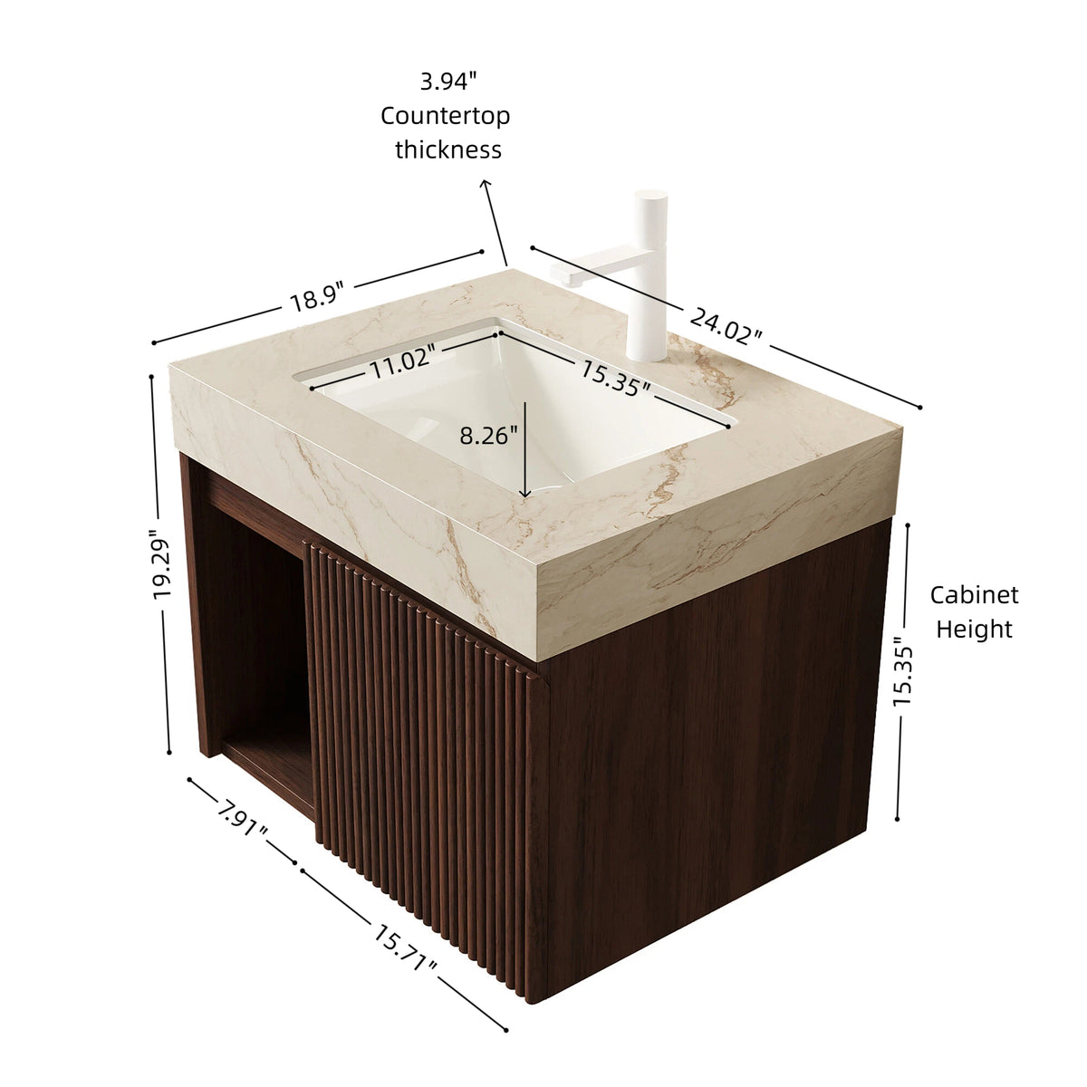 EIDEN 24"  Bathroom Vanity&Sink,Floating Storage Cabinet, Cream Gold Vein Sintered Stone Top&Ceramic Basin with 1 Pre-drilled Faucet Hole,Disassembled, NO Faucet and Drain Set, Walnut Woodgrain Color