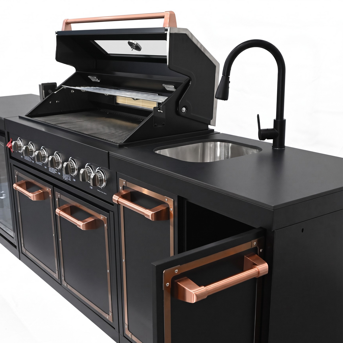 Luxury Black Titanium Outdoor Kitchen Island, 6-Burner 87,900 BTU Gas Grill with Infrared Rear Burner, 70L Refrigerator, Sink, Pull-Out Trash Bin, Rotisserie & Cover, Black/Rose Gold