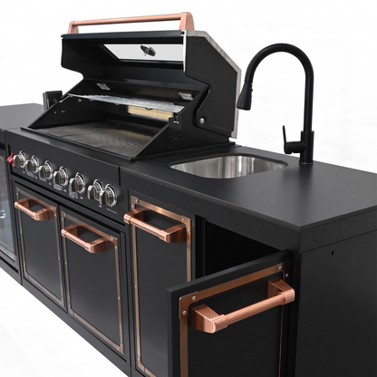 Luxury Black Titanium Outdoor Kitchen Island, 6-Burner 87,900 BTU Gas Grill with Infrared Rear Burner, 70L Refrigerator, Sink, Pull-Out Trash Bin, Rotisserie & Cover, Black/Rose Gold