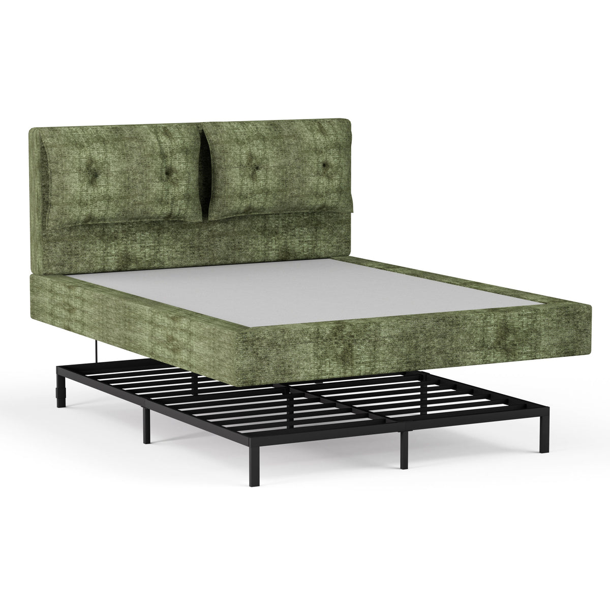 AirFrame Upholstered Bed Frame, a low, cloud-style bed frame with a double-layered upholstered headboard, 360° soft foam edging, and a metal base; easy to assemble; Queen size, Green