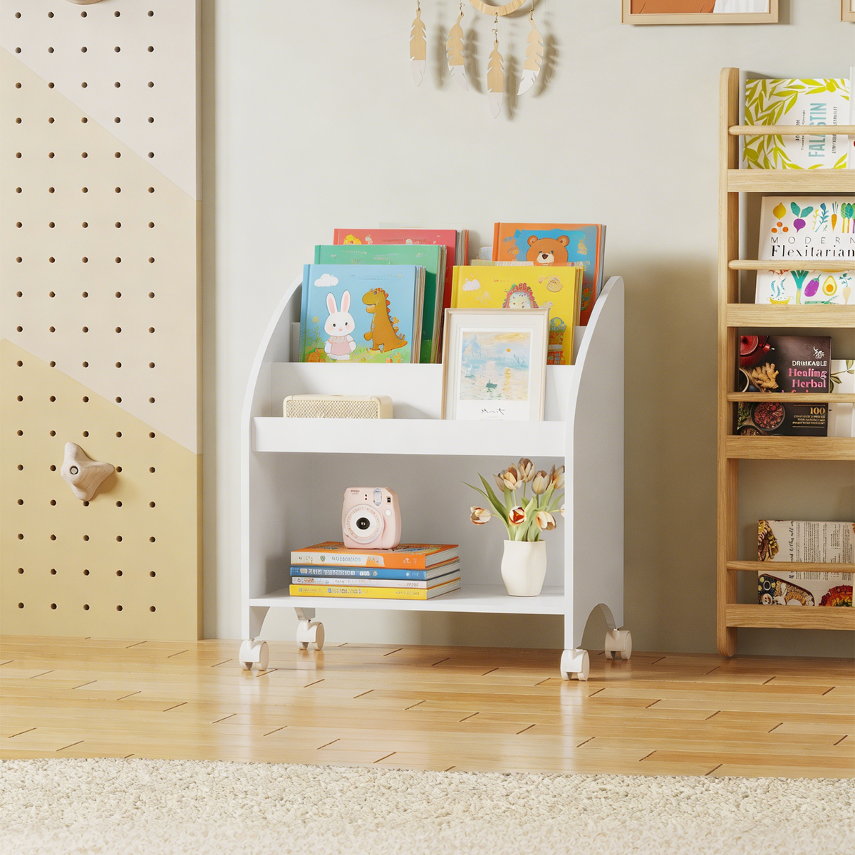 Kids Bookshelf with Wheels, 3-Tier Front Display Bookcase, MDF Rolling Book Organizer with 360° Lockable Casters, Children Storage Shelf for Nursery Bedroom Playroom