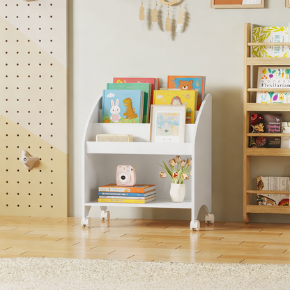 Kids Bookshelf with Wheels, 3-Tier Front Display Bookcase, MDF Rolling Book Organizer with 360° Lockable Casters, Children Storage Shelf for Nursery Bedroom Playroom