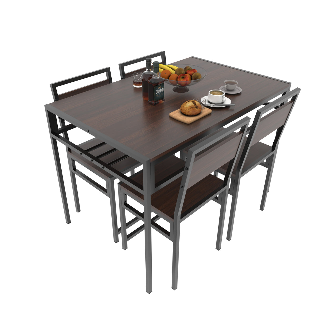 4-Piece Rectangular Dining Table Set with 4 Chairs, Industrial Wood Grain Kitchen Table with Built-in Wine Storage Rack, Space Saving Metal Frame Dinner Furniture for Apartment Kitchen Dining Room