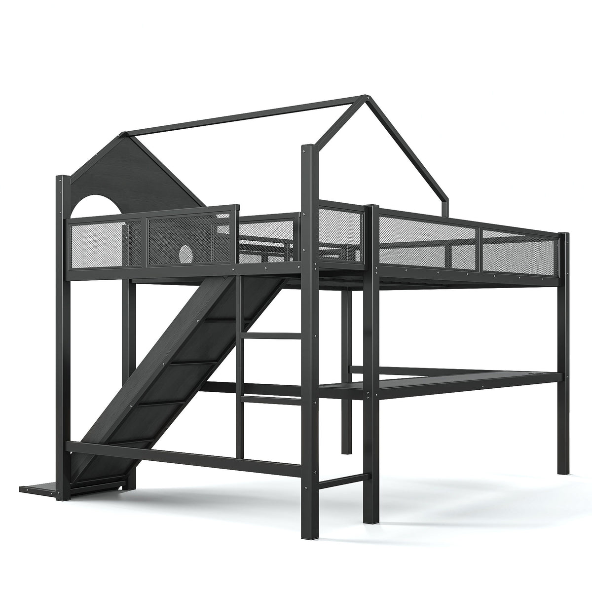 Queen Size Multifunctional Loft Bed with Slide, Desk,and Storage Shelves, Metal Loft Bed Frame With USB Ports And Led Lights, Triangular Geometry House Design, Black
