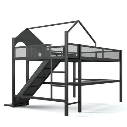 Queen Size Multifunctional Loft Bed with Slide, Desk,and Storage Shelves, Metal Loft Bed Frame With USB Ports And Led Lights, Triangular Geometry House Design, Black