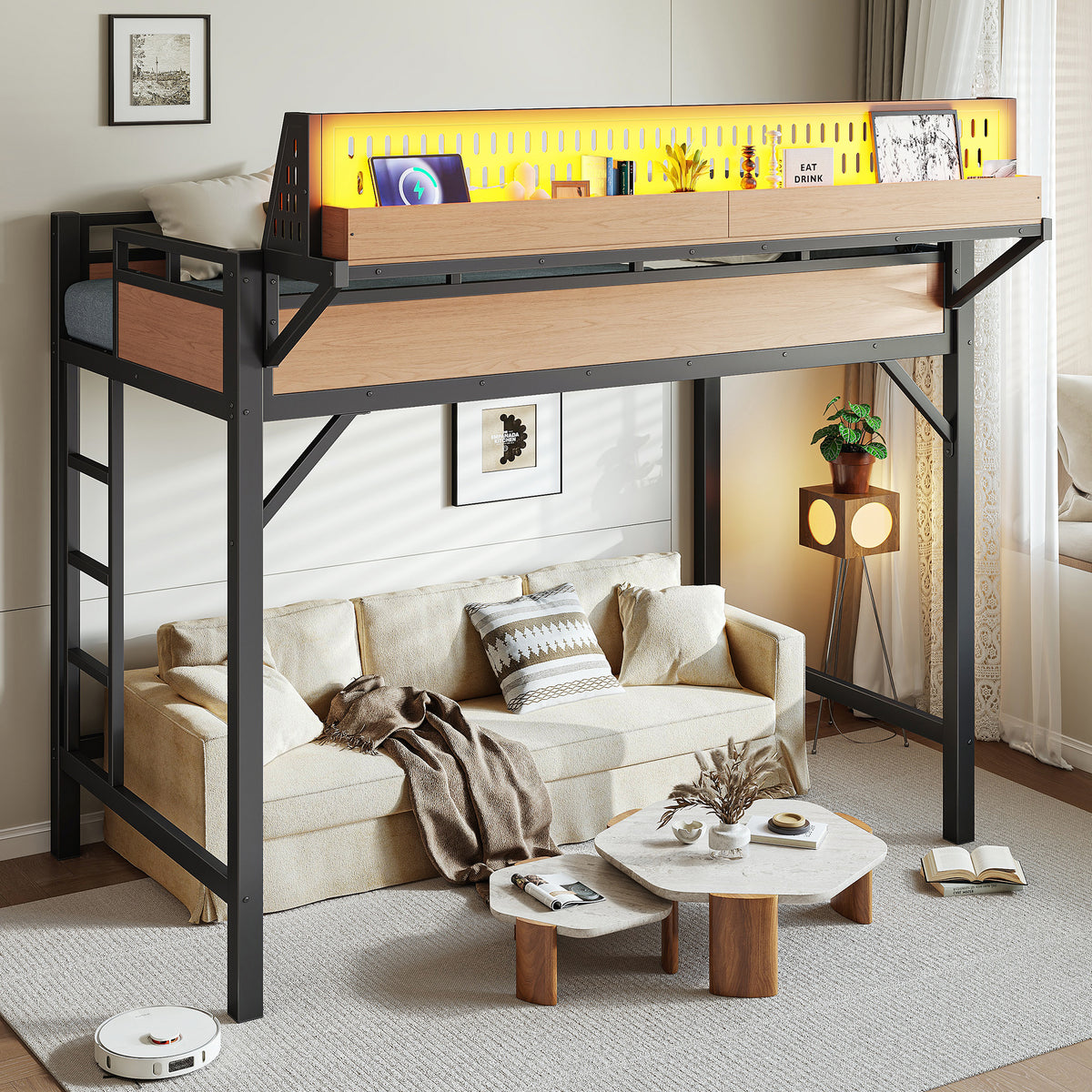 Twin XL size Loft Bed Frame with Storage Shelves and Pegboard, Metal Loft Bed with USB Ports and LED Lights, Safe and Sturdy, Natural