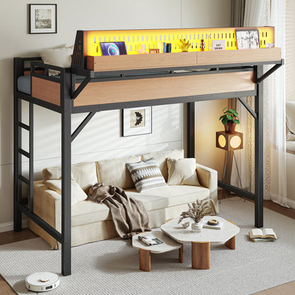 Twin XL size Loft Bed Frame with Storage Shelves and Pegboard, Metal Loft Bed with USB Ports and LED Lights, Safe and Sturdy, Natural