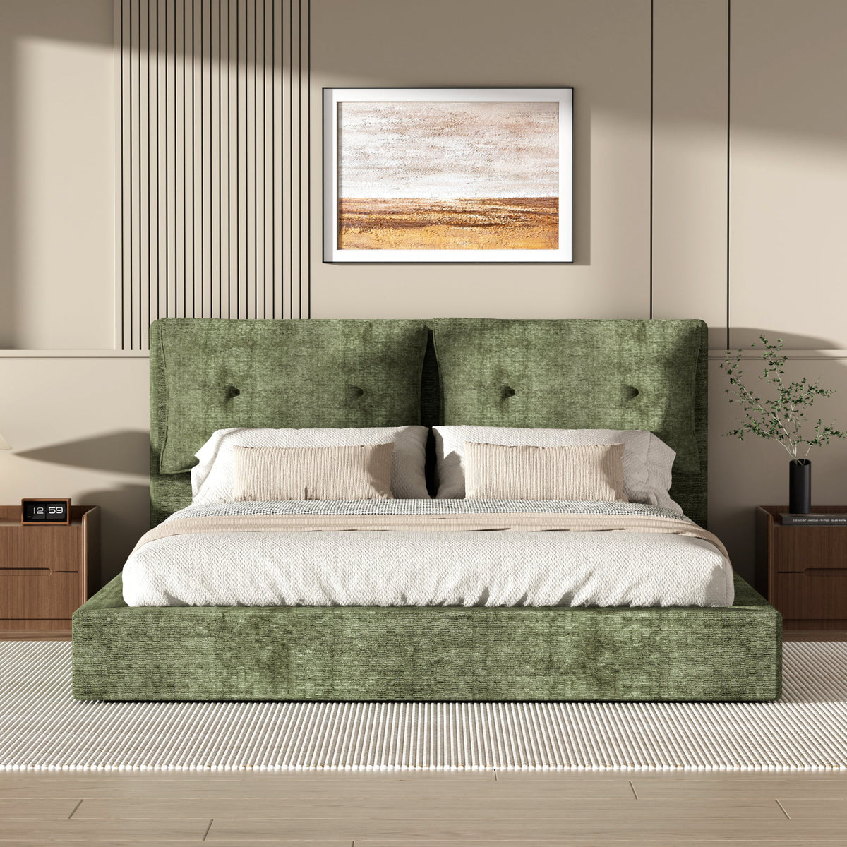 AirFrame Upholstered Bed Frame, a low, cloud-style bed frame with a double-layered upholstered headboard, 360° soft foam edging, and a metal base; easy to assemble; Queen size, Green