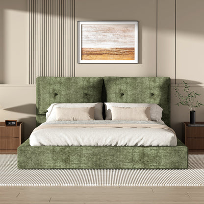 AirFrame Upholstered Bed Frame, a low, cloud-style bed frame with a double-layered upholstered headboard, 360° soft foam edging, and a metal base; easy to assemble; Queen size, Green