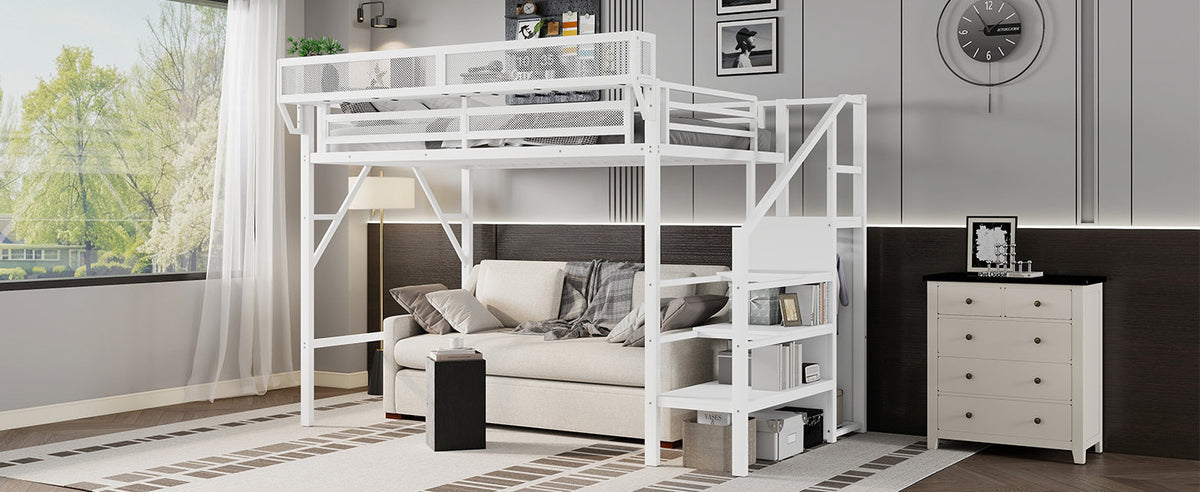 Twin XL Size Loft Bed with Stairs, Metal Full Loft Bed with Storage Shelves, High Loft Bed with Wardrobe for Kids Teens,White(Old Sku W2580S00050)