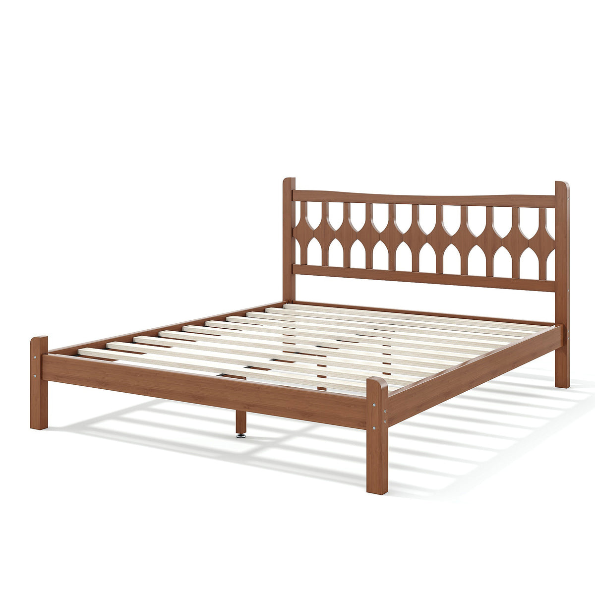 Queen Size Bamboo Platform Bed with Diamond-shaped headboard, Solid Bamboo-made Bed Frame with Support Slats, for Bedroom, Guest Rooms, Brown