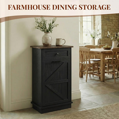 Tilt Out Trash Can Cabinet, 10-Gallon Farmhouse Hidden Garbage Cabinet with Drawer, Dog Proof Wooden Trash Storage Cabinet for Kitchen, Laundry, Living Room, Office