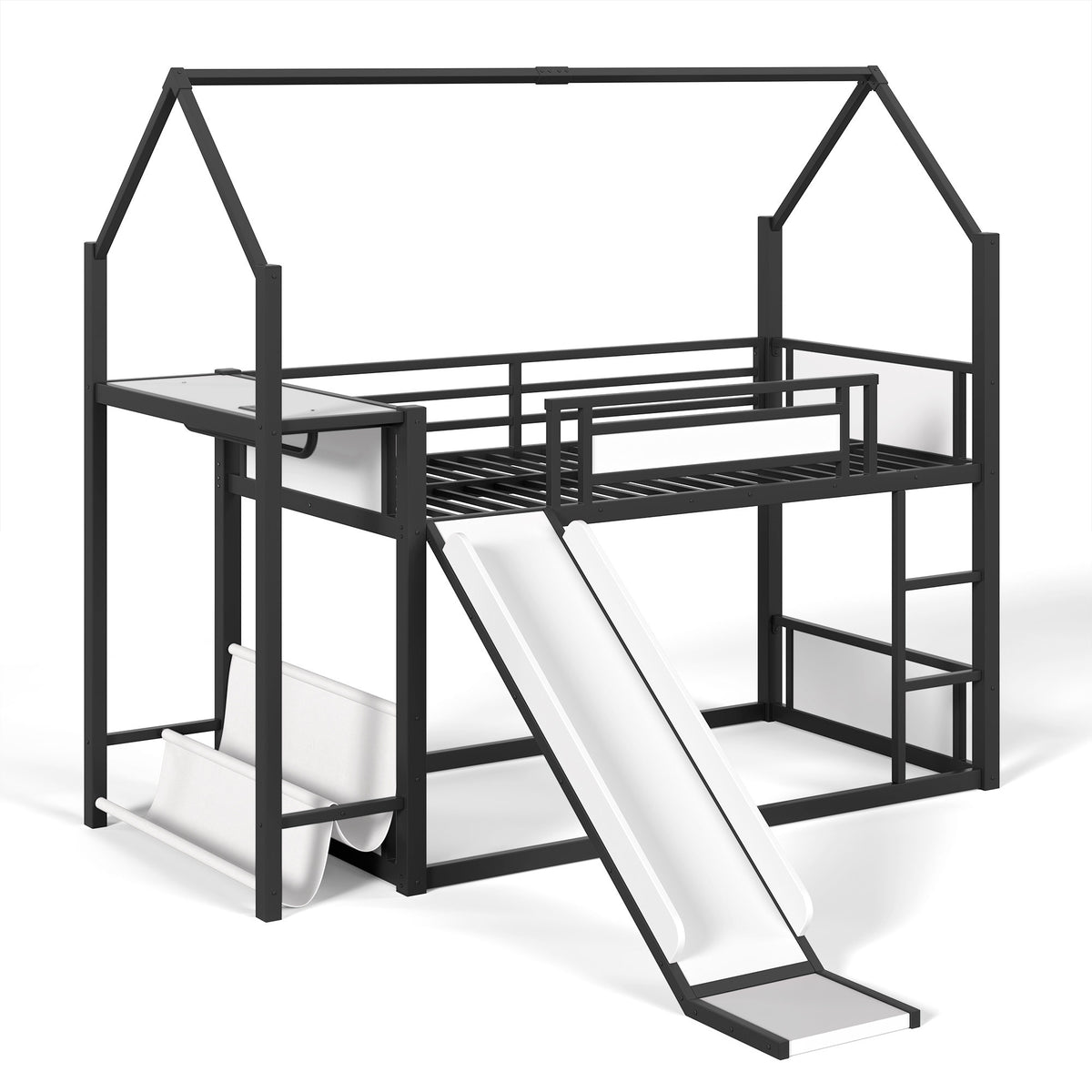 Twin Over Twin Metal Bunk Bed with Slide, LED Clothing Hanging Area, Fabric Storage Shelf & Power Outlet, Childlike Playhouse bunk bed Frame with low-profile design for Kids Girls,boys, Black