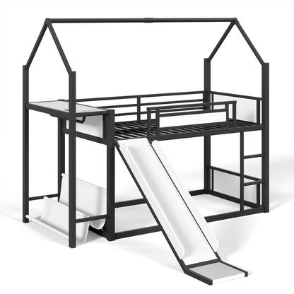 Twin Over Twin Metal Bunk Bed with Slide, LED Clothing Hanging Area, Fabric Storage Shelf & Power Outlet, Childlike Playhouse bunk bed Frame with low-profile design for Kids Girls,boys, Black
