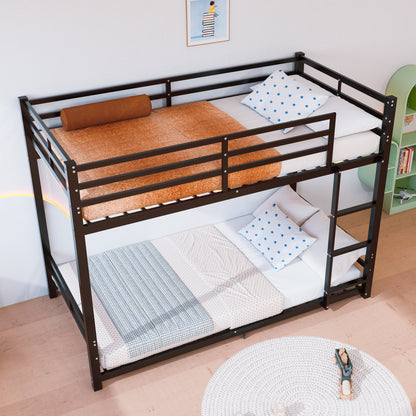 Twin Over Twin Metal Bunk Beds, 19 bed crossbars,Heavy Duty Bed Frame with Safety Guard Rail & Ladder, Low Floor Bunk Bed for Boys Girls Adults,400+480lbs load capacity, No Box Spring Needed (Black)
