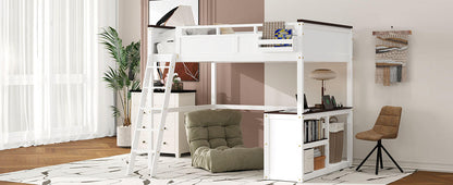 White Queen Size Loft Bed with Desk, Open Shelf, Storage Box and USB Charging Station, Pine+MDF