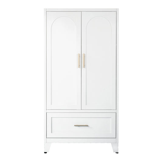 60' Tall Metal Wardrobe Cabinet with 1 Drawer and Hanging Rod, 2 Doors Wardrobe Closet with Shelf for Bedroom, Office, Laundry Room, Entryway, Foyer, Guesthouse (White)