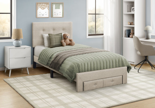 Bed, Twin Size, Platform Bed, Upholstered, Juvenile, Storage Drawers, Frame Only, Bedroom, Beige Linen Look, Transitional