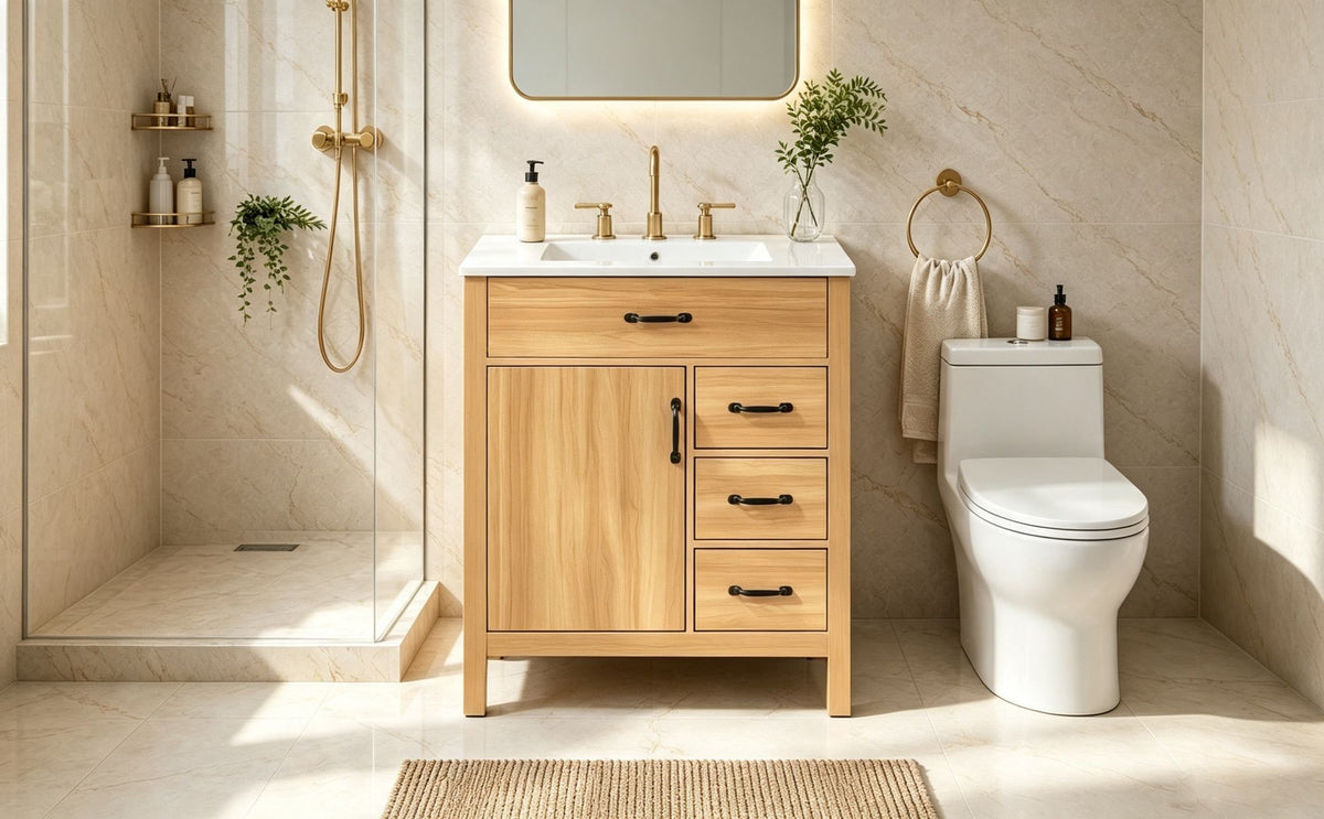 Modern 30 Inch Bathroom Vanity with Ceramic Sink, MDF Cabinet & Solid Wood Legs, Soft Close Drawers, Black Zinc Alloy Handles, Wood Finish