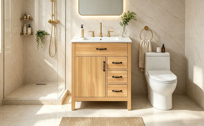 Modern 30 Inch Bathroom Vanity with Ceramic Sink, MDF Cabinet & Solid Wood Legs, Soft Close Drawers, Black Zinc Alloy Handles, Wood Finish