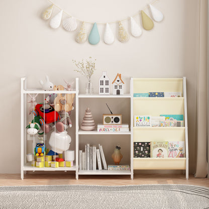 Kids Bookshelf and Toy Storage, 3-in-1 Book Shelf for Kids Rooms, Sling Baby Bookcase with Stuffed Animal Storage, Toddler Montessori Bookshelf for Nursery, Playroom, Kindergarten, White