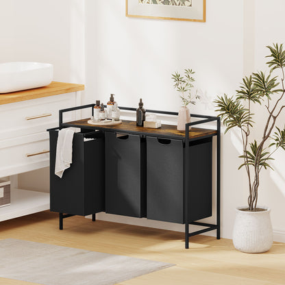 Laundry Hamper with Shelf, 3-Bin Laundry Sorter with Wood Top, Double Hamper with Removable Fabric Bags, Metal Frame, Freestanding Clothes Organizer for Bedroom, Bathroom, or Laundry Room