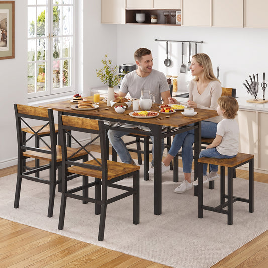 Dining Table Set for 6 with Storage Chairs, Wooden Kitchen Table Set, Farmhouse 5-Piece Dining Room Furniture, Compact Dinette Set for Small Space, Breakfast Nook, Apartment,