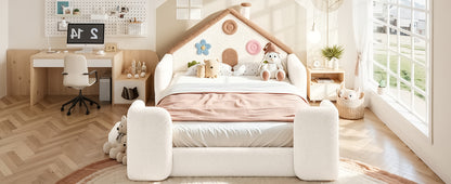 Full House Shaped Upholstered Floor bed, Upholstered Kids bed with Safety Side Rails, Solid Children Bed Frame, Low Floor Playhouse Bed for Nursery & Kids Bedroom.Beige & Natural