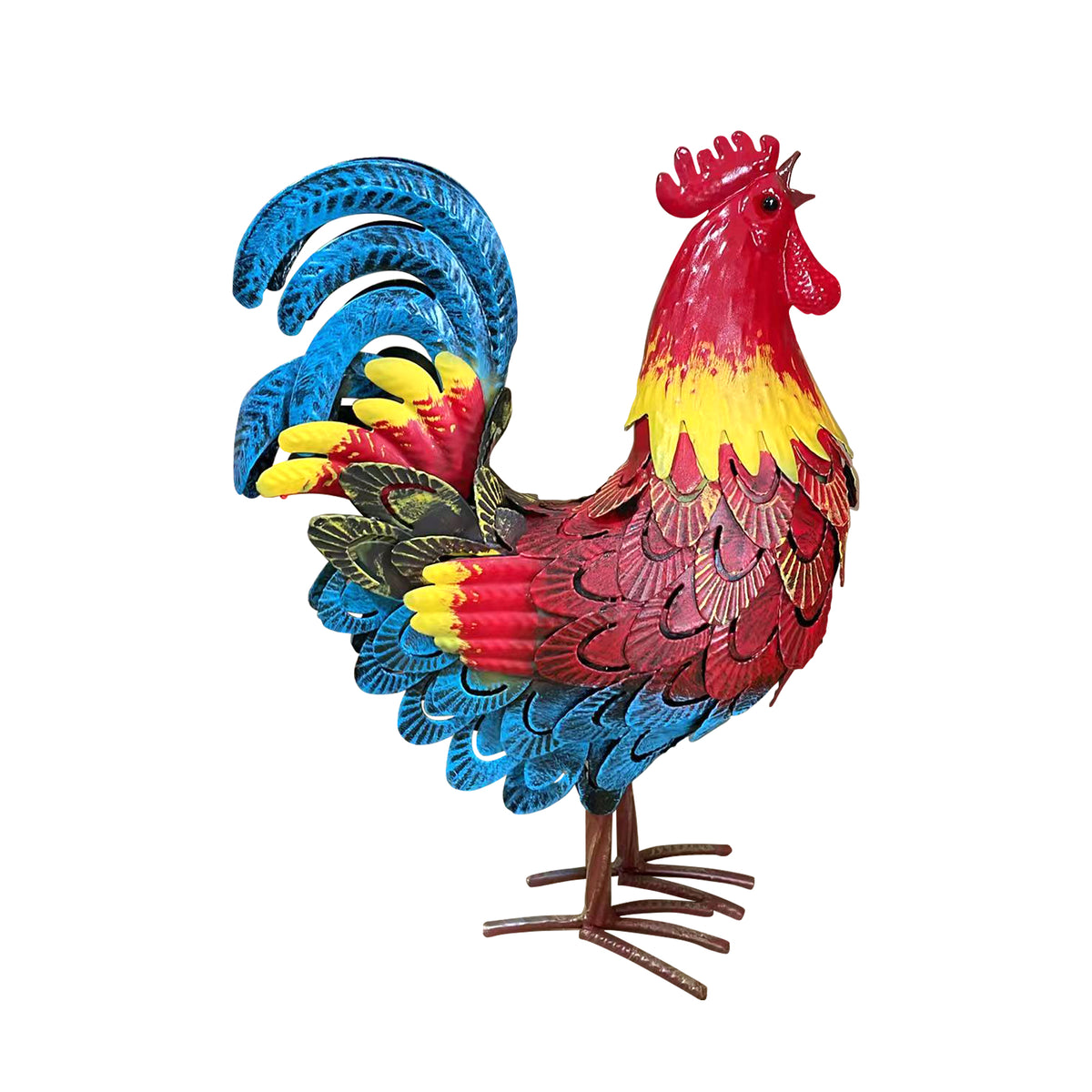 Wrought-iron rooster garden statue, metal rooster sculpture, ideal for landscape decoration and as a focal point for outdoor lawns, farms, and backyards.