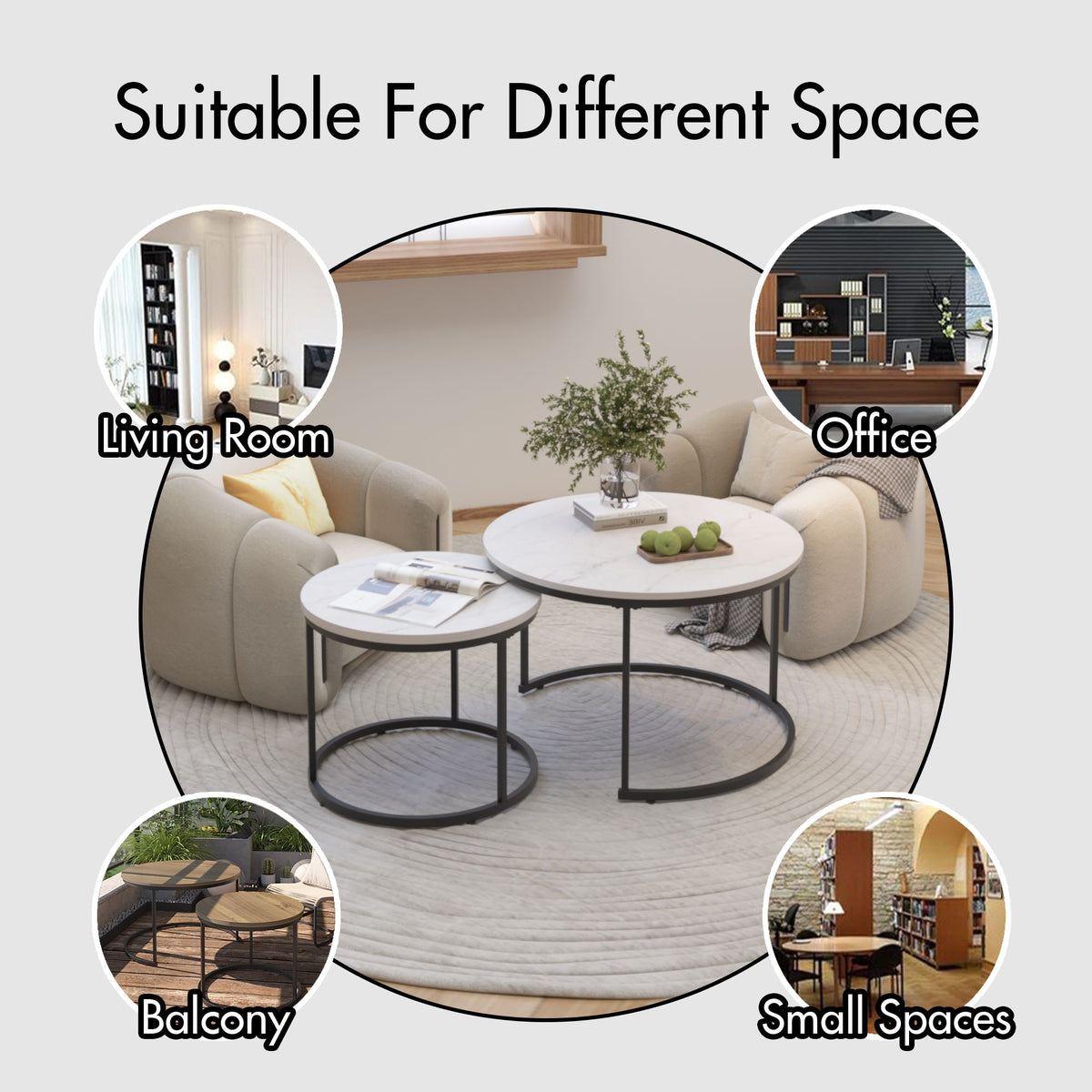 Nesting Coffee Table Set of 2, 27.6inch Round Coffee Table Wood Marble Pattern Top with Sturdy Metal Frame - White