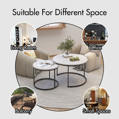 Nesting Coffee Table Set of 2, 27.6inch Round Coffee Table Wood Marble Pattern Top with Sturdy Metal Frame - White