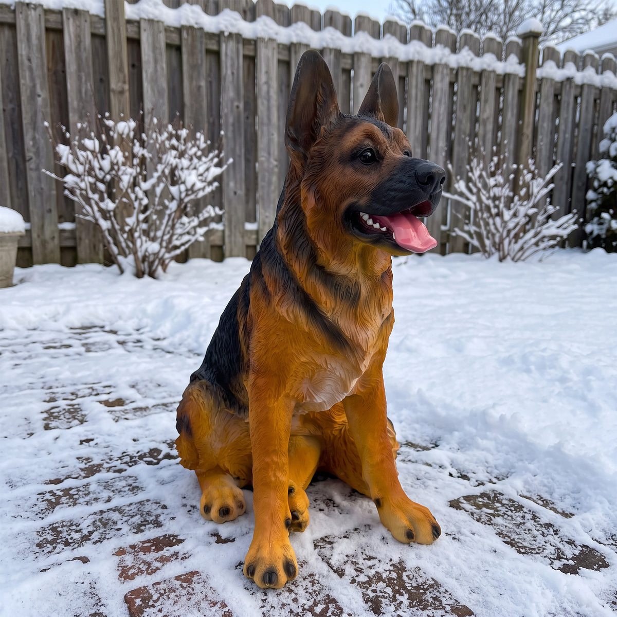 Realistic German Shepherd resin statue, weather-resistant dog ornament, an outdoor garden sculpture suitable for decorating backyards, lawns, and patios.