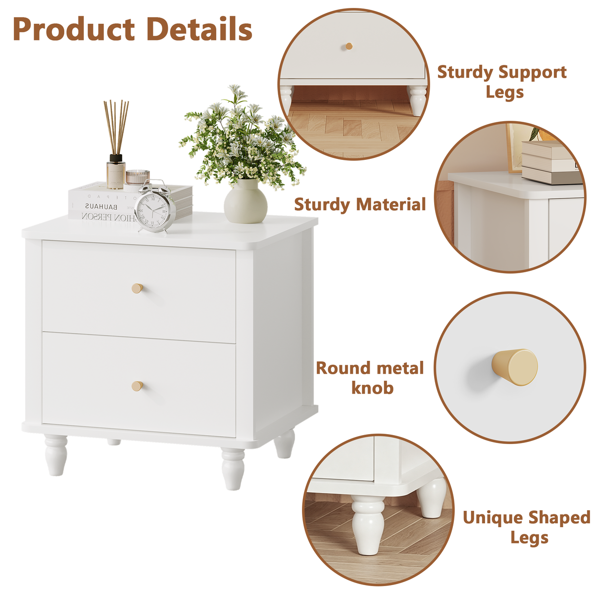 Modern 2-Drawer Nightstand, MDF Wooden Bedside Table with Round Knobs, Small Bedside Cabinet End Table for Bedroom, Living Room, Kids Room, White