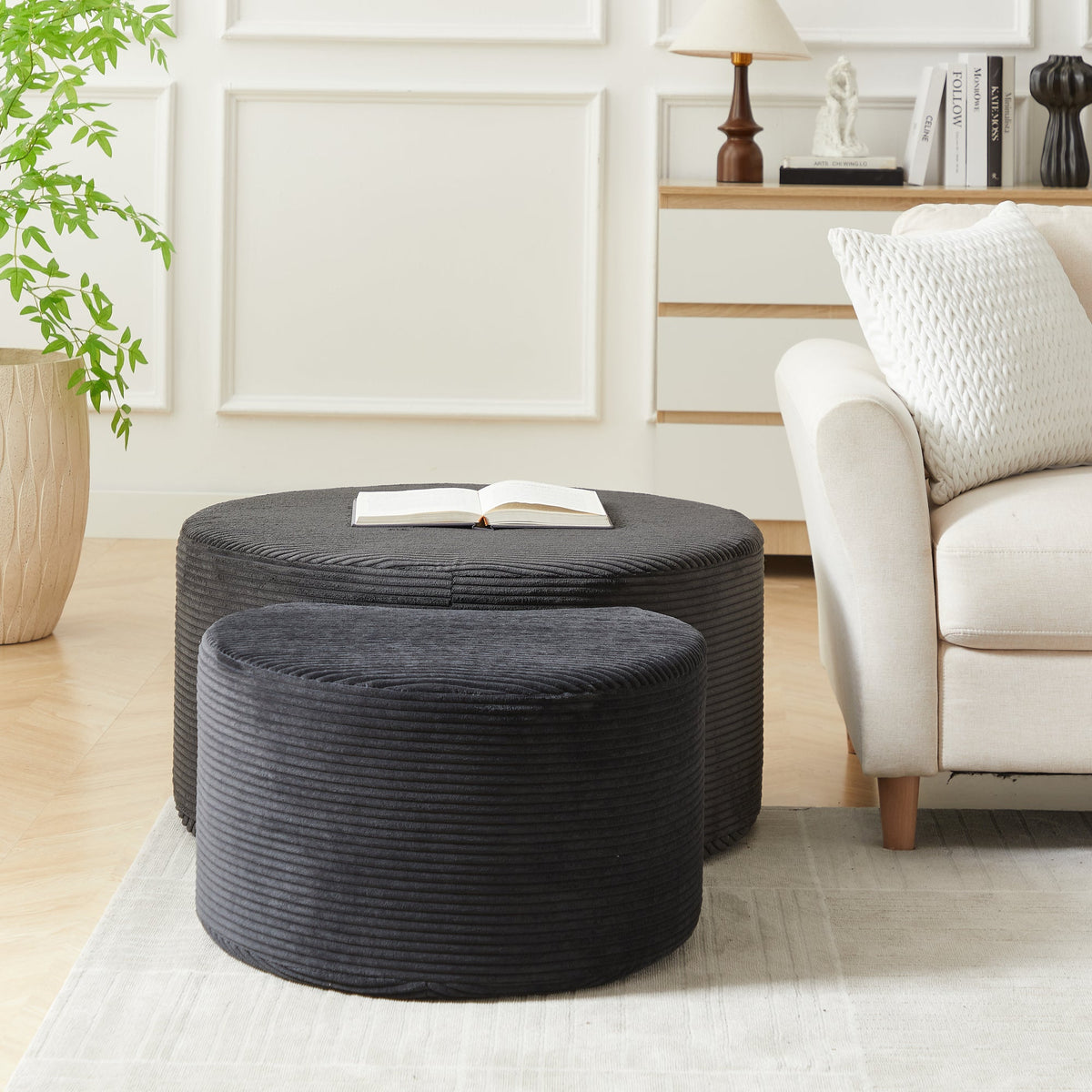 Modern Upholstered Round Coffee Table Set of 2 in Black, Corduroy Fabric, No Assembly, Perfect for Living Room or Bedroom