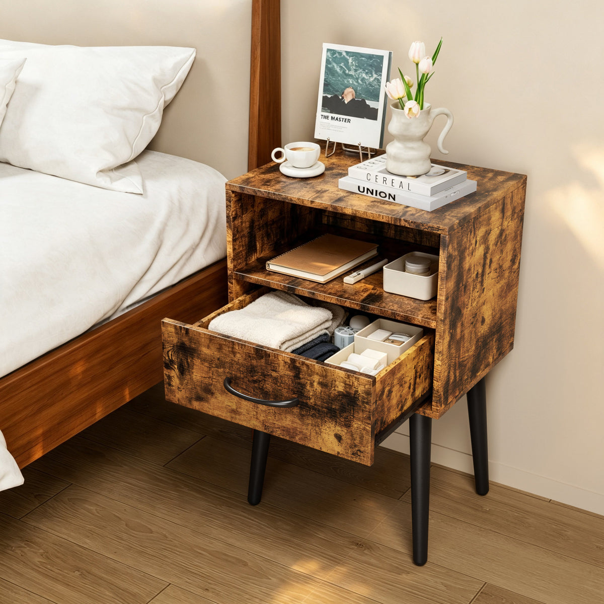 Two Sets of Nightstand,Modern Bedside Table with Storage Drawer and Open Wood Shelf, for Living Room, Bedroom and Small Spaces, Accent Night Stand, Easy Assembly