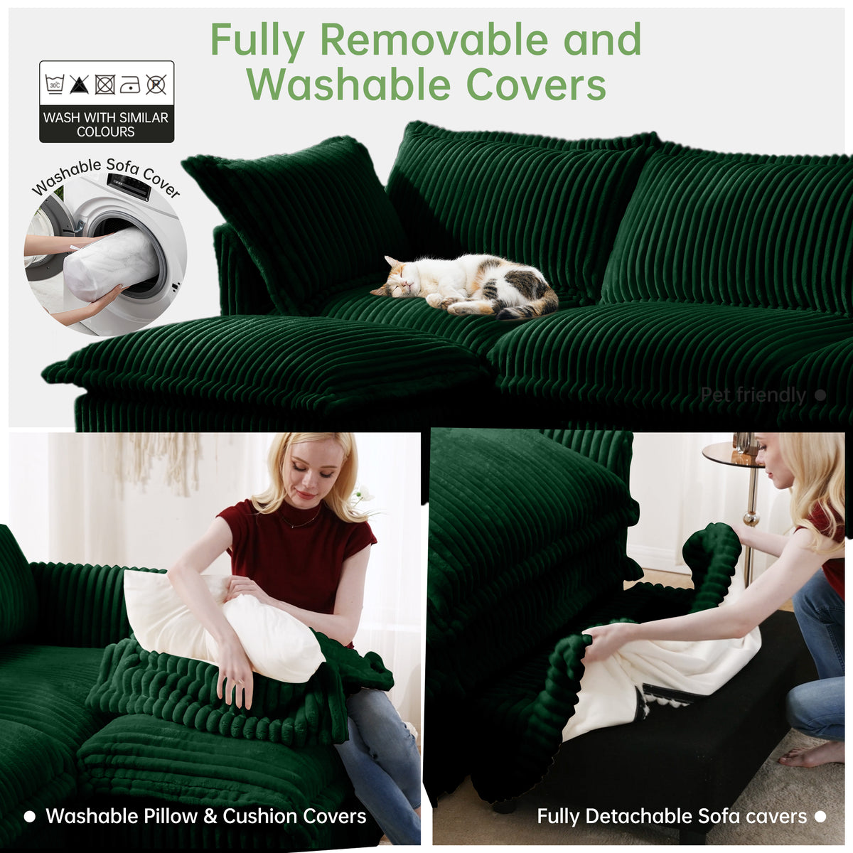 L-Shaped Slipcovered Sectional Sofa Couch, Comfy Deep Seat Cloud Couch with Convertible Ottoman & 2 Big Pillows, Modern Oversized 3 Seater Slipcovered Sofa Set for Living Room Office, Green Corduroy