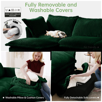 L-Shaped Slipcovered Sectional Sofa Couch, Comfy Deep Seat Cloud Couch with Convertible Ottoman & 2 Big Pillows, Modern Oversized 3 Seater Slipcovered Sofa Set for Living Room Office, Green Corduroy