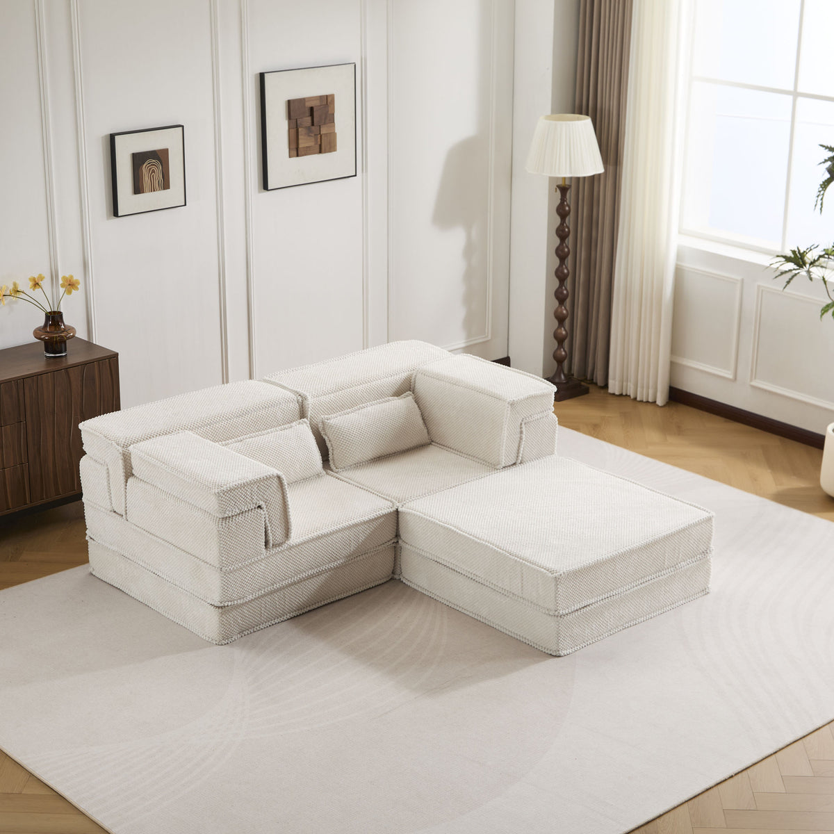 Compression Mahjong Sofa, Convertible Floor Sofa Bed, DIY Boneless Modular Sectional Sofa, No Assembly Required, Circle fleece fabric – Model W3723S00027