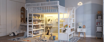 Full Loft Bed with 4 Shelf Storage Rack and Charging Station,Metal Full Loft Bed with Stairs Storage for Kids Teens, Patent Products,White(Old skuW2580S00075)