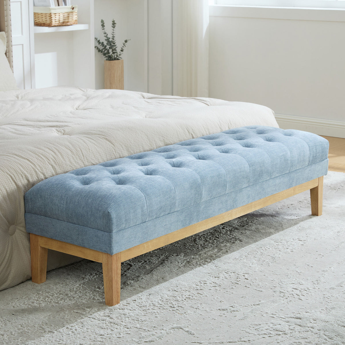 63'' Wide Upholstered Chenille Accent End of Bed Bench Ottoman With Nature-finished Rubberwood Legs, Tufted Footstool with Padded Seat for Window Entryway Living Room Bedroom Dining Hallway, Blue
