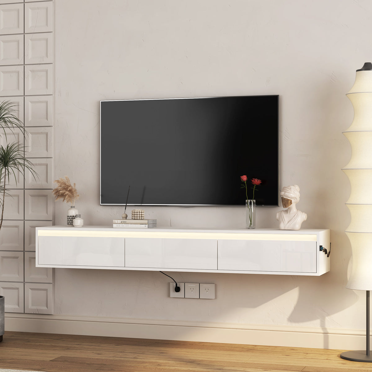 Floating TV Stand, Wall Mounted TV Shelf with Led Lights & Power Outlet, Cabinet for High Gloss tv Stands for Living Room