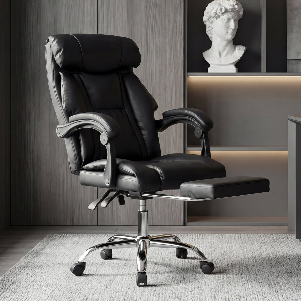 Executive Office Chair with Foot Rest, Adjustable Height High Back Reclining Gaming Chair in Black PU Leather with Metal & Wood Frame